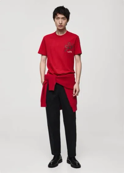 Mango Man 100% Cotton Slim-fit T-shirt With Combined Print Red