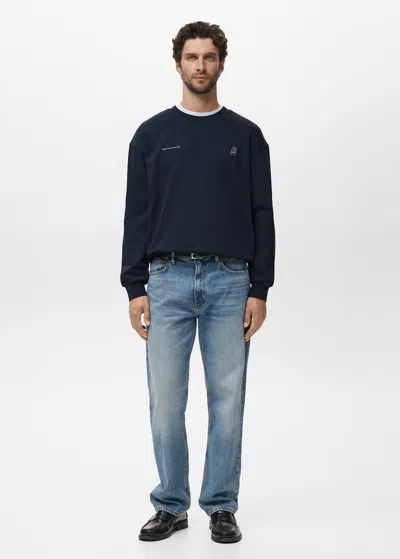 Mango Man 100% Cotton Sweatshirt Text Navy In Blue
