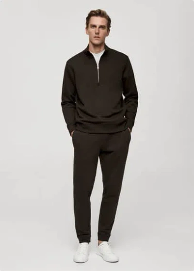 Mango Man Cotton Sweatshirt With Zip Neck Chocolate