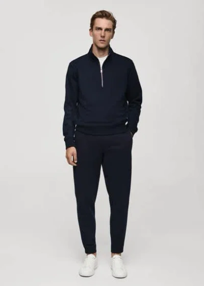 Mango Man Cotton Sweatshirt With Zip Neck Dark Navy