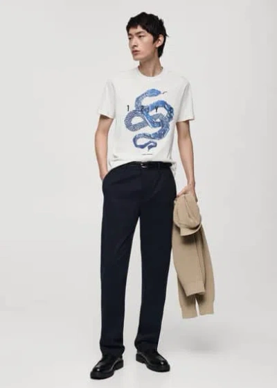 Mango Man 100% Cotton T-shirt With Graphic Print On The Front White