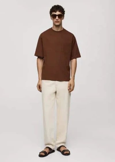 Mango Man 100% Cotton T-shirt With Pocket Brown