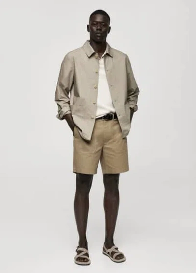 Mango Man 100% Herringbone Cotton Bermuda Shorts Khaki