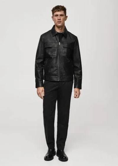 Mango Man 100% Leather Jacket With Pockets Black