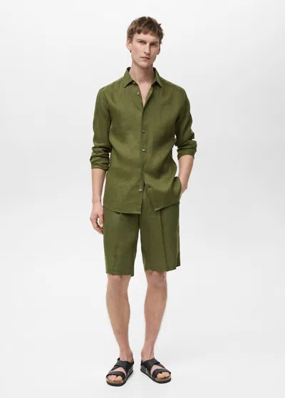 Mango Man 100% Linen Bermuda Shorts With Pleats In Green