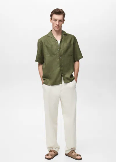 Mango Man 100% Linen Bowling-collar Shirt In Green