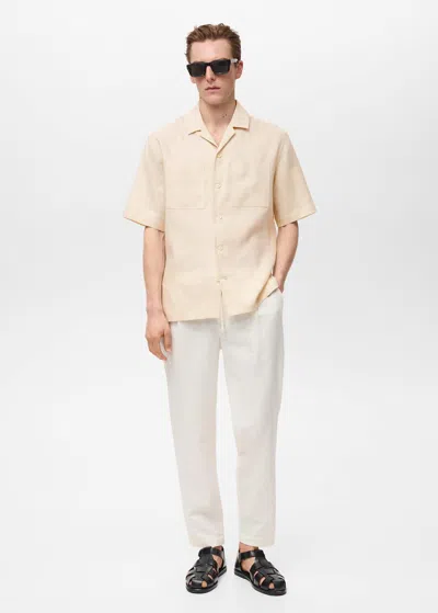 Mango Man Chemise 100 % Lin Col Bowling Ivoire - Homme - M -  In Ivory White