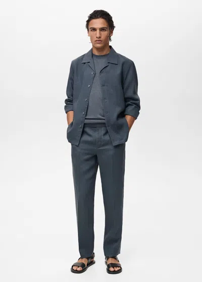 Mango Man 100% Linen Bowling-collar Shirt In Petrol Blue