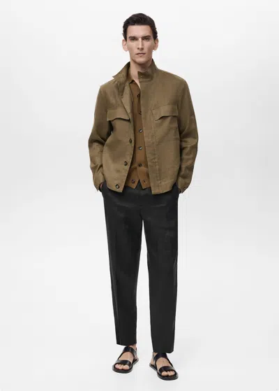 Mango Man 100% Linen Turtleneck Jacket In Khaki