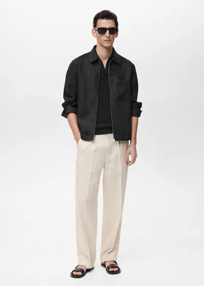 Mango Man Veste 100 % Lin Fermeture Éclair Noir - Homme - Xl -  In Black