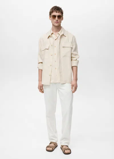 Mango Man Surchemise 100 % Lin Poches Ivoire - Homme - Xl -  In Ivory White