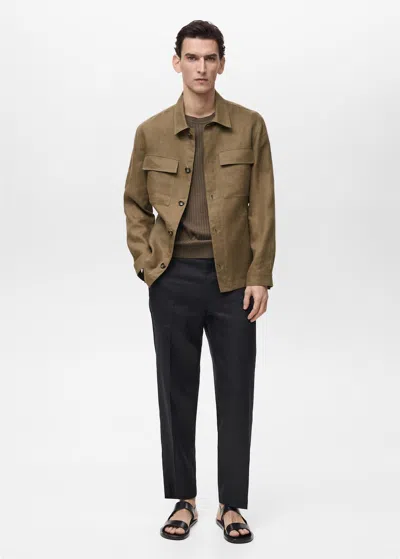 Mango Man Surchemise 100 % Lin Poches Kaki - Homme - Xl -  In Khaki