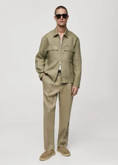 Mango Man Zipper Linen Jacket Khaki