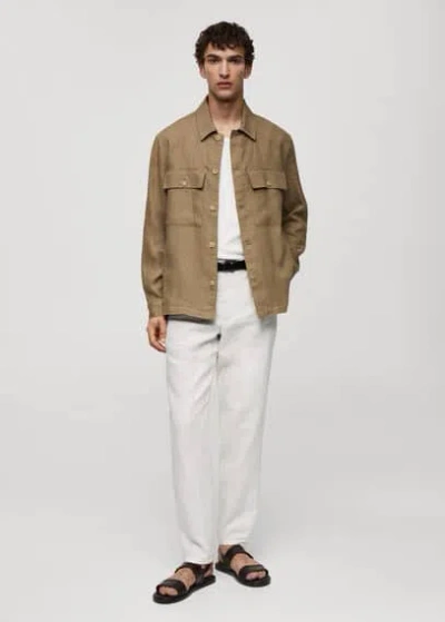 Mango Man 100% Linen Overshirt With Pockets Khaki