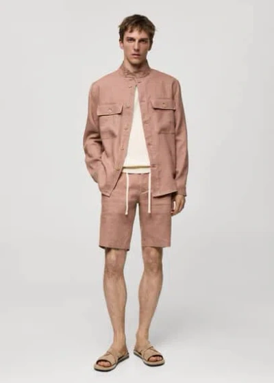 Mango Man 100% Linen Overshirt With Pockets Pastel Pink