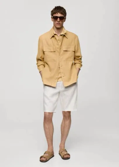 Mango Man 100% Linen Overshirt With Pockets Pastel Yellow