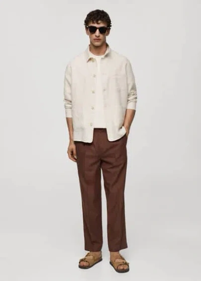 Mango Man 100% Linen Overshirt With Pockets In White