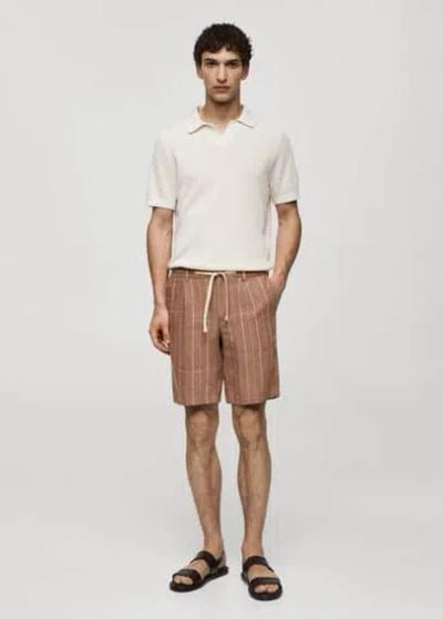 Mango Man 100% Linen Striped Bermuda Shorts With Drawstring Wine