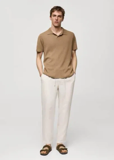 Mango Man 100% Linen Striped Trousers With Drawstring Off White
