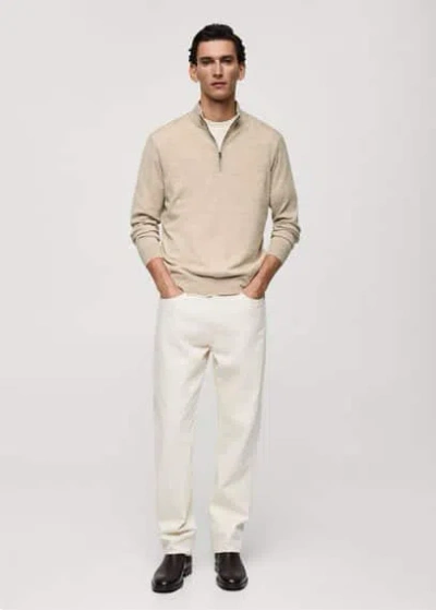 Mango Man 100% Merino Wool Perkins-neck Sweater With Zipper In Beige