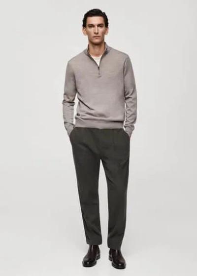 Mango Man 100% Merino Wool Perkins-neck Sweater With Zipper In Medium Brown