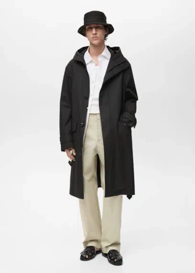 Mango Man Belted Trench Coat With Hood Black