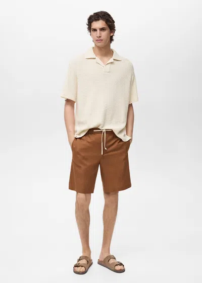 Mango Man Bowling Polo With Crochet Structure Ivory White