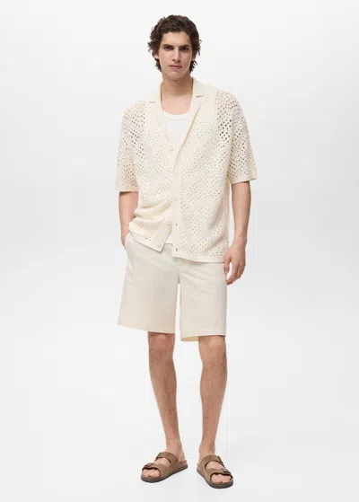Mango Man Bowling Shirt With Crochet Structure Ivory White