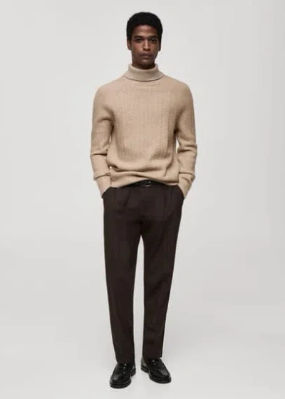 Mango Man Braided Knit Turtleneck Sweater Beige