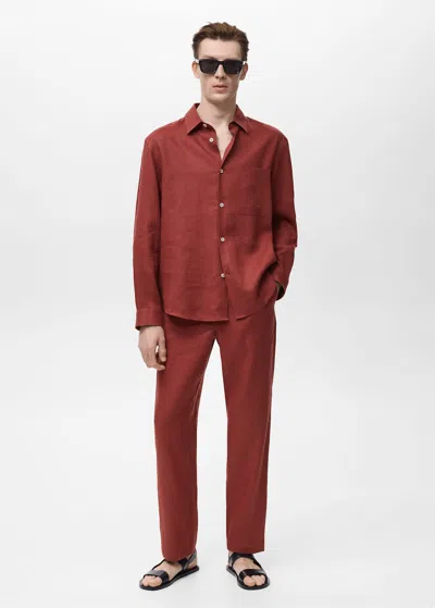 Mango Man 100% Linen Shirt With Pocket Cherry