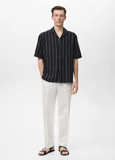 Mango Man 100% Linen Short-sleeve Striped Shirt Black
