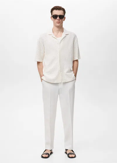 Mango Man Cotton Blouse With Openwork Detail Off White