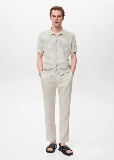 Mango Man Cotton Blouse With Openwork Detail Ice Grey