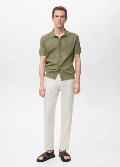 Mango Man Cotton Blouse With Openwork Detail Green