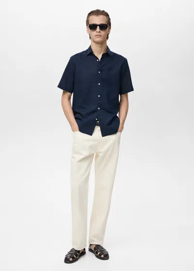 Mango Man Short Sleeve Linen-blend Shirt Dark Navy