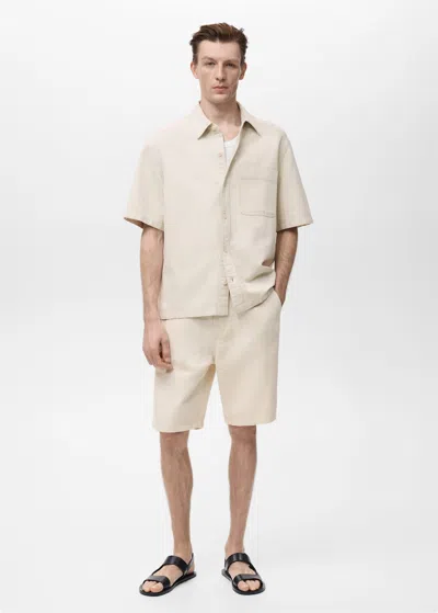 Mango Man Chemise Lin Manches Courtes Écru - Homme - M -  In Sand