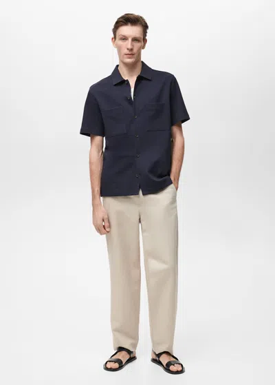 Mango Man Chest-pocket Cotton Shirt Dark Navy