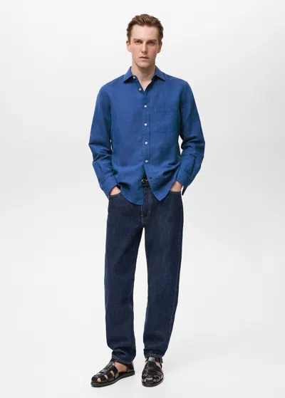 Mango Man Classic Fit Linen Shirt Ink Blue
