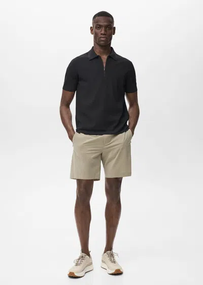 Mango Man Coolmax Fine-knit Polo Shirt With Zipper In Noir
