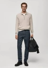 Mango Man Cotton Blend Ribbed Polo Sweater Beige