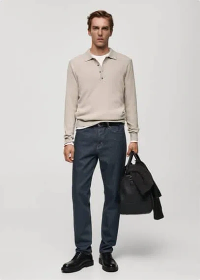 Mango Man Cotton Blend Ribbed Polo Sweater Beige