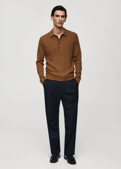 Mango Man Cotton-blend Rib-knit Polo Sweater Medium Brown