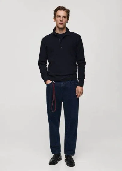 Mango Man Cotton Blend Ribbed Polo Sweater Dark Navy
