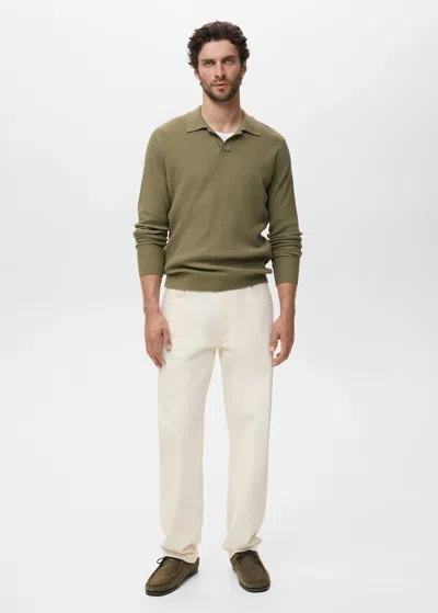 Mango Man Pull-over Polo Coton Mélangé Maille Côtelée Vert Moyen - Homme - Xxl -