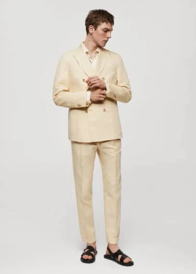 Mango Man Cotton Linen Suit Trousers With Darts Pastel Yellow