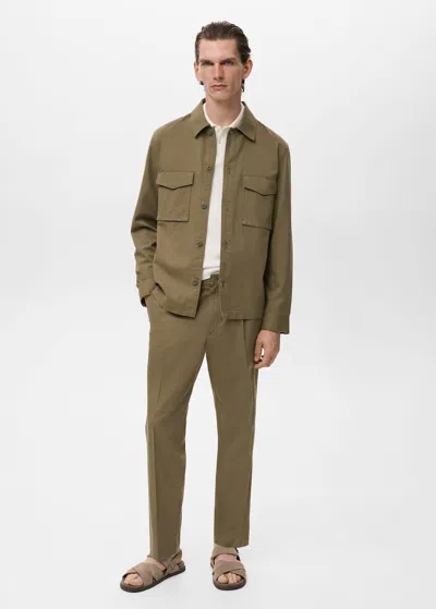 Mango Man Cotton Pleated Trousers Olive Green