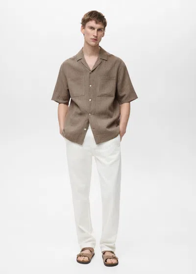 Mango Man Cotton Shirt With Textured Stripes Khaki