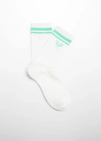 Mango Man Cotton Socks With Embroidered Detail Green In White