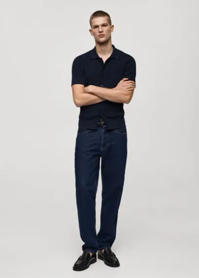 Mango Man Cotton Structued Polo Shirt With Buttons Dark Navy In Bleu Marine Foncé