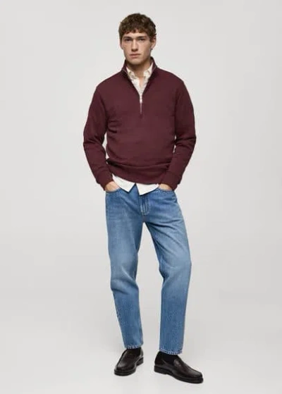 Mango Man Cotton Sweatshirt With Zipper Neck Burgundy
